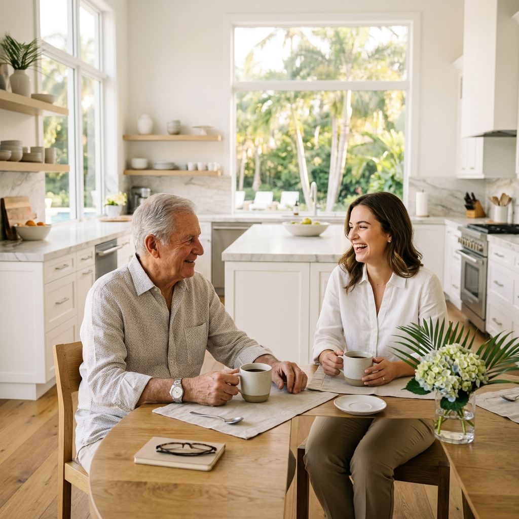 A warm companion sharing coffee and conversation with an elderly gentleman in a sunlit kitchen
