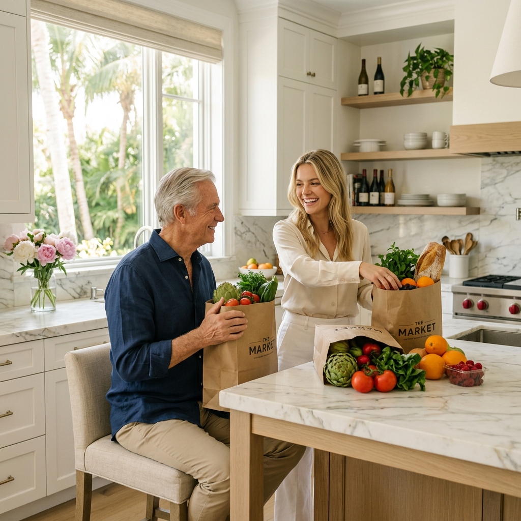 A companion helping an elderly gentleman with fresh groceries in a beautiful Palm Beach kitchen