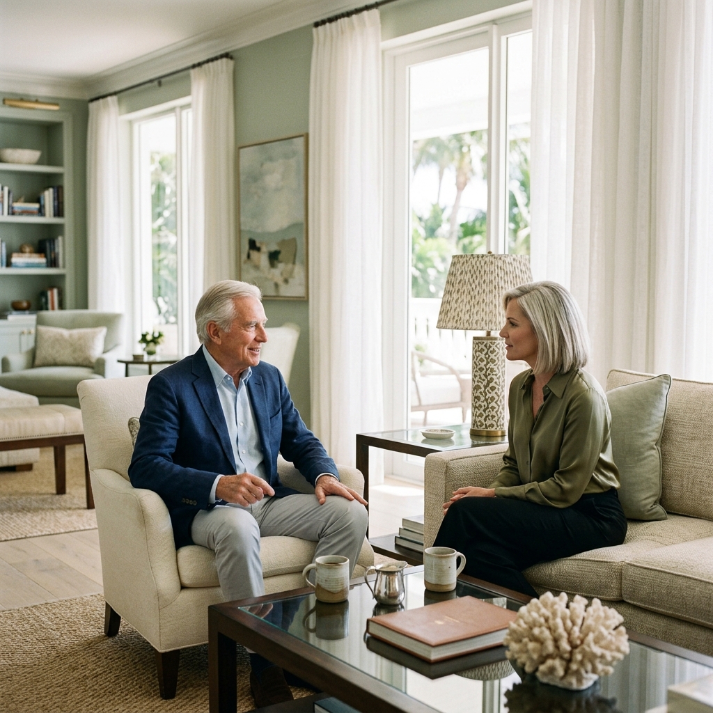 A professional companion and senior gentleman engaged in warm conversation in an upscale Palm Beach home